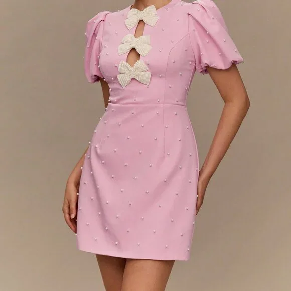 Pink Casual Women's Pearl Bow Decor Short Sleeve Dress - Picture 5 of 7